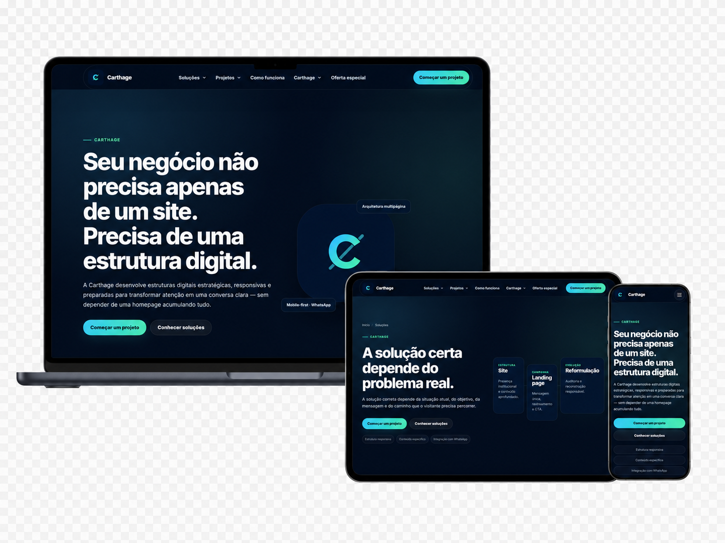 Interfaces da Carthage apresentadas em notebook, tablet e celular