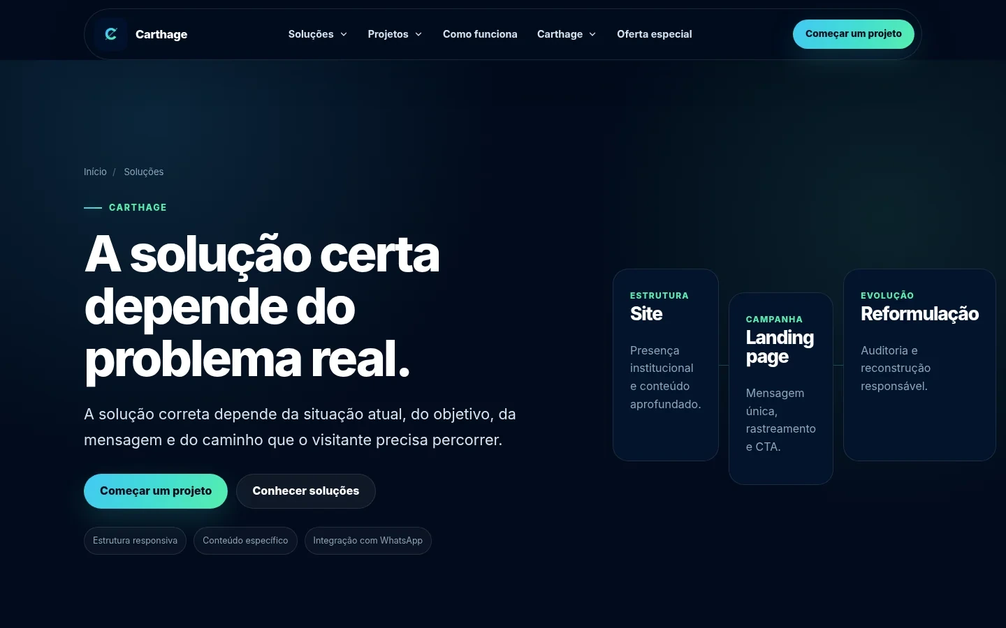 Demonstração conceitual de página de soluções