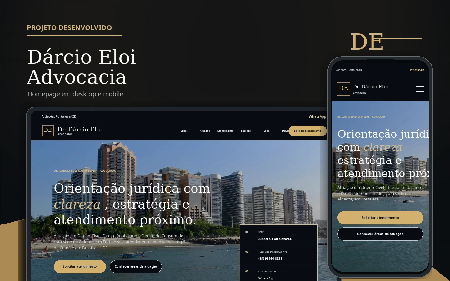 Projeto institucional Dárcio Eloi Advocacia em desktop e celular